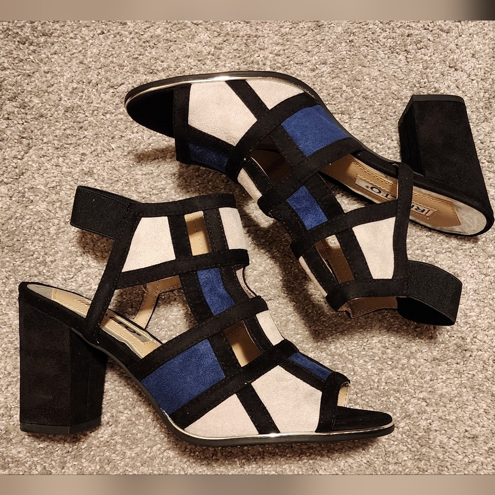 Rialto "Welth" open toe heeled sandals, navy/tan multi-color sueded, sz: 8.5 NIB - Picture 4 of 11